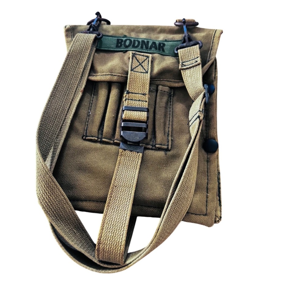 Vintage Khaki Canvas Military Bodnar Name Tape Messenger Bag Tan‎ 7x9"